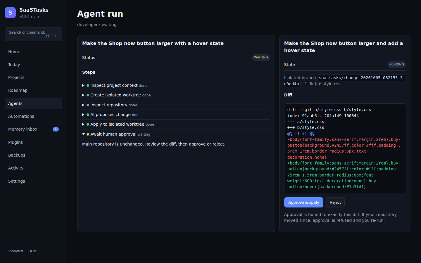 An AI-proposed change shown as a diff with Approve and Reject buttons, and the steps the agent took
