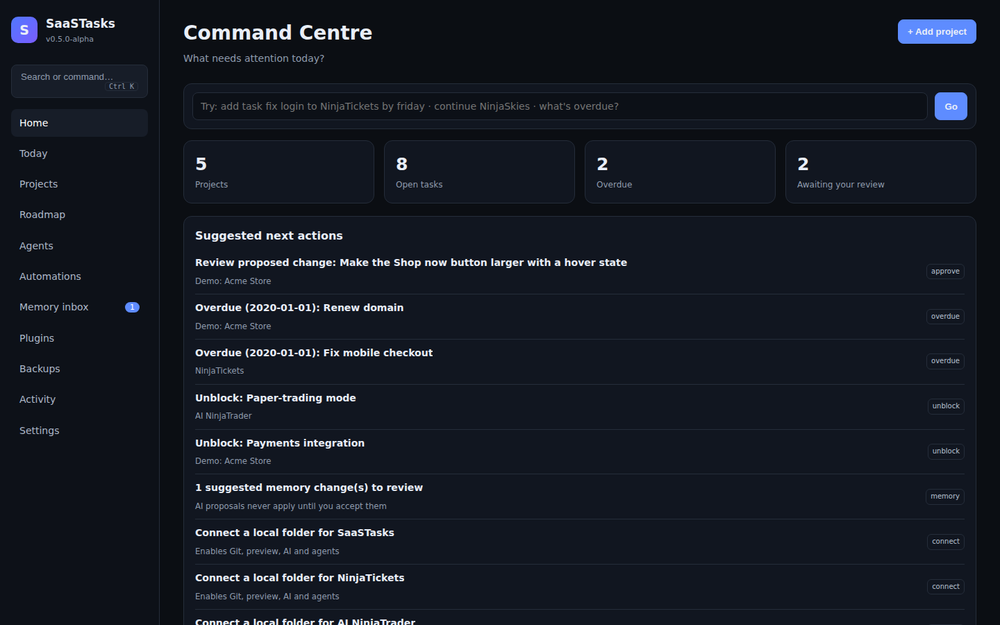 SaaSTasks Command Centre showing suggested next actions, overdue work and proposals awaiting review