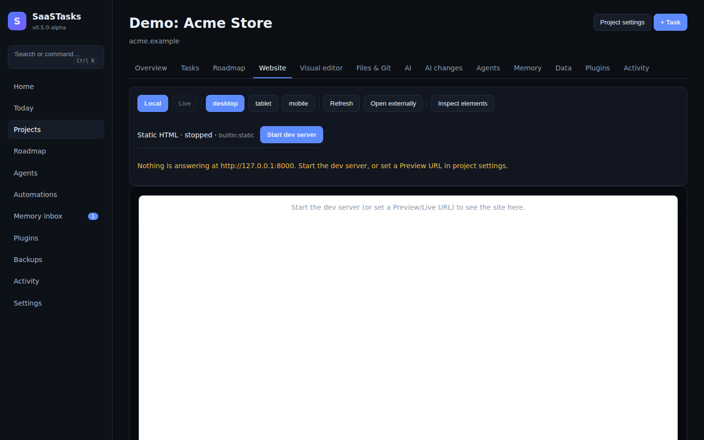 Website tab with dev server controls, viewport buttons and live logs